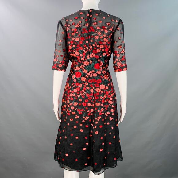 LELA ROSE Size 6 Black Red Silk Blend Floral Evening Cocktail Dress - Picture 4 of 11